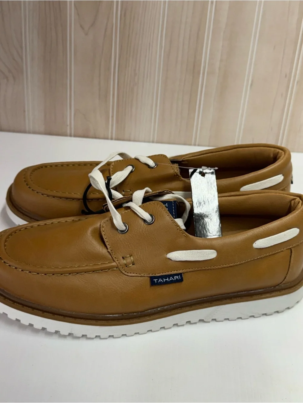Tahari Men’s Brown Leather Boat Shoes with White Accents